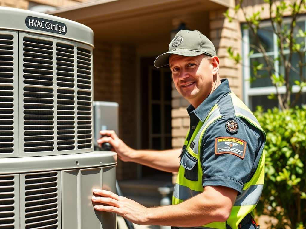 Professional HVAC technician servicing system in Rosenberg TX
